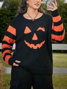 SHEIN EZwear Chandail à imprimé expression citrouille mignonne en grande taille pour le début de l'automne/Halloween - Multicolore - Voir 1