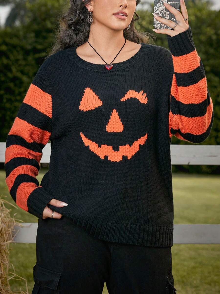 SHEIN EZwear Chandail à imprimé expression citrouille mignonne en grande taille pour le début de l'automne/Halloween - Multicolore - Voir 1