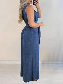 Silhoulove 女士优雅度假交叉前系带口袋宽腿休闲连体裤 - 藍色 - 查看 2