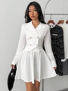 SHEIN 2pcs/Set Teen Girl Elegant Asymmetrical Hem Blazer & Pleated Mini Skirt Suit