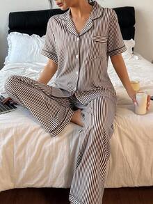 SHEIN 条纹领短袖睡衣套装 - 棕色 - 查看 3