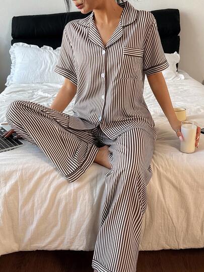 Gestreepte Collar Short Sleeve Pajama Set Curve Pyjama Women Dress Sleep Wear Coffee Woman view 3