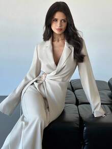 Firerie 女士优雅简约通勤都市时尚新款金属装饰裹身西装外套和高腰长裤卡其色两件套西装套装，秋冬 - 卡其色 - 查看 2