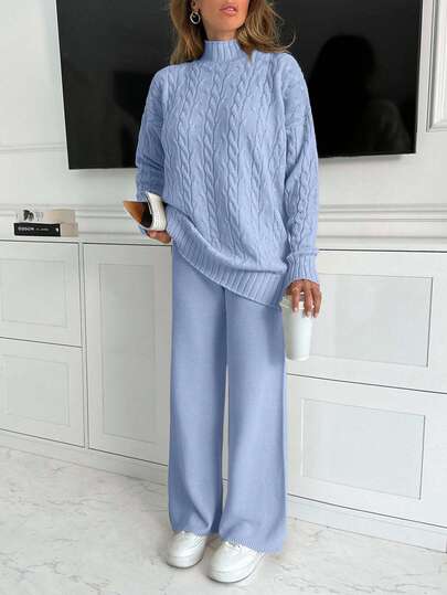 EURMUSE Women High Neck Sweater And Maxi Sweater Skirt 2 Two Pieces Set Co-Ords