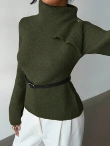 Elenzga Khaki Elegant Flared Sleeve Niche Design Collar, Paired With Brown Metal Fashionable Belt, Women Sweater For Autumn/Winter - Army Green - View 7