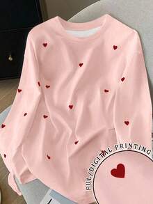 Resyla Heart Print Women's Crew Neck Long Sleeve T-Shirt - Pink - View 1