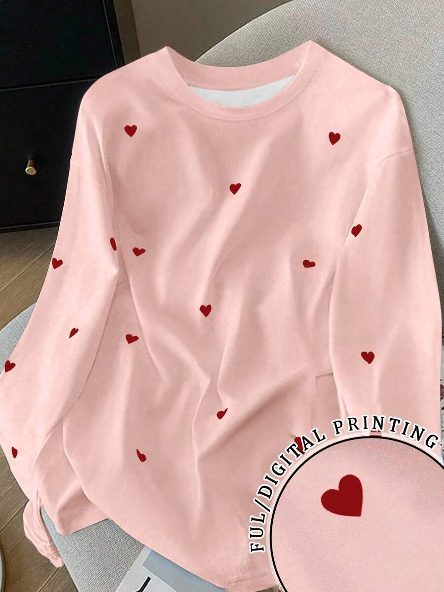 Resyla Heart Print Women's Crew Neck Long Sleeve T-Shirt - Pink - View 1