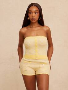 NYA SZN Top Strapless Knit Beach Summer Poolside Vacation Beach Casual Everyday Going Out Classy Chic Pastel Statement Valentines Day Carnival Outfits For Women - Yellow - View 4