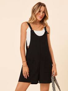 Coeurva Knot Front Pocket Patched Overall Romper Without Tube Top,Vacation Outfits Woman