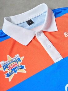 Manfinity Campus Court 男士撞色半襟短袖时尚字母图案 Polo 衫，夏季 - 彩色 - 查看 5