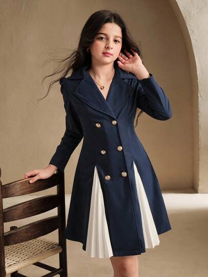 Sparklyn 1pc Girls' Oversized Lapel Double-Breasted Pleated Hem Long Sleeve Mid-Length Casual Jacket, Suitable For Daily Wear And Commute, Autumn