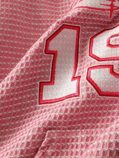 Street Life Men's Casual Fashionable Prep Street Hoodie With Number & Letter Embroidery, Waffle Fabric Pocket