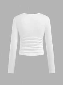 SHEIN Girlism 3件套少女休闲校服字母印花褶皱侧边圆领长袖短款针织T恤上衣，返校季必备 - 淺灰色 - 查看 8