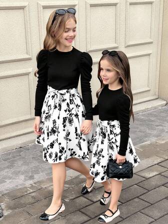 Serisse Kids Tween Girls' Casual Everyday Knit Ribbed Patchwork Floral Bow Tie Long Sleeve Dress, Suitable For Outings, Vacations, And Daily Activities Fall Winter