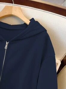 SHEIN Clasi Sudadera con capucha de forro polar con cremallera y unicolor, talla grande, otoño - Azul Marino - Ver 3