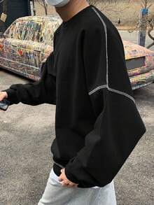 SHEIN Tween Boy Casual Korean Style Loose Fit Contrast Color Round Neck Sweatshirt, Suitable For Commuting, School, Daily Casual Wear, Sports, Autumn/Winter