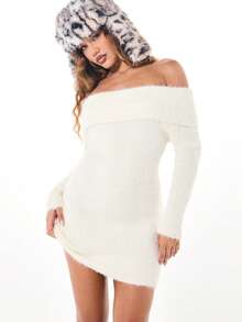 SUMWON WOMEN Off Shoulder Bodycon Winter Sweater Dress Fuzzy Knit Long Sleeve Mini Dress Holiday Party Evening Outfit Cozy Ribbed Design - White - View 1