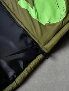 Manfinity Roghcode Men's Olive Green Winter Streetwear Zip-Up Hooded Long Sleeve Coat,Detachable Hood,Letter & Palm Print Design,Casual Work Outings,Autumn/Winter Gift - Green - View 8