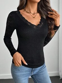 EMERY ROSE Blusa casual feminina simples de cor sólida com patchwork de renda e decote em V, manga comprida, outono