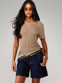 MISSGUIDED Atasan Crop Top Rajut Boucle Leher V Lengan Pendek, Sweater Kasual Musim Gugur Musim Dingin Bertekstur untuk Pakaian Sehari-hari, Pakaian Kantor Dasar Serbaguna - Khaki - View 6