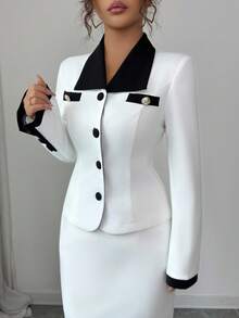 Elenzga 2pcs/Set Women's Suit Jacket With Contrast Color Buttons And Waist Cinching, Paired With A-Line Skirt With Slit, Suitable For Work, Commute And Outings In Autumn/Winter - White - View 3