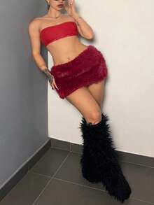 Maweii Chân váy ngắn màu đỏ bồng bềnh gợi cảm dành cho nữ cỡ lớn, thích hợp cho các bữa tiệc và hộp đêm, mùa thu/đông. - Đỏ - Xem 4