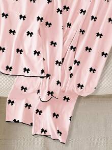 SHEIN 青少年女孩两件套睡衣套装，优雅时尚柔和粉色和黑色蝴蝶结，简约渐变波浪边，长袖上衣和裤子，休闲家居服 - 粉色 - 查看 4