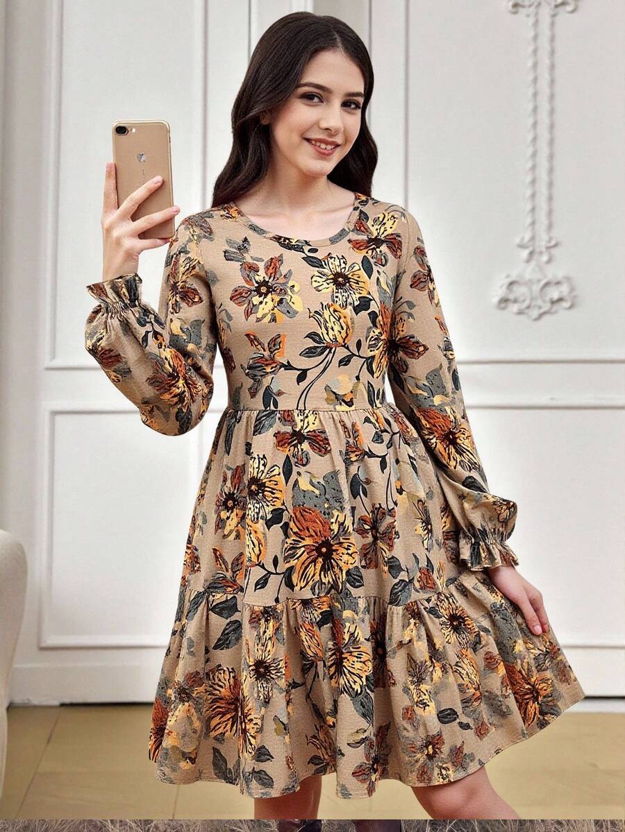 SHEIN Teenage Girl's Elegant Floral Woven Fitted Long Sleeve Dress, Autumn/Winter - Khaki - View 1