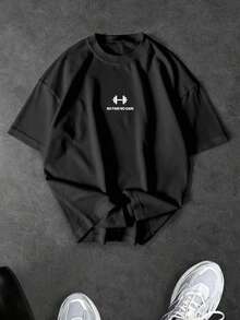 Sport MetroGents 男士极简印花圆领短袖运动T恤 男士健身T恤 男士健身上衣 男士健身短袖T恤 宽松健身T恤 - 黑色 - 查看 1