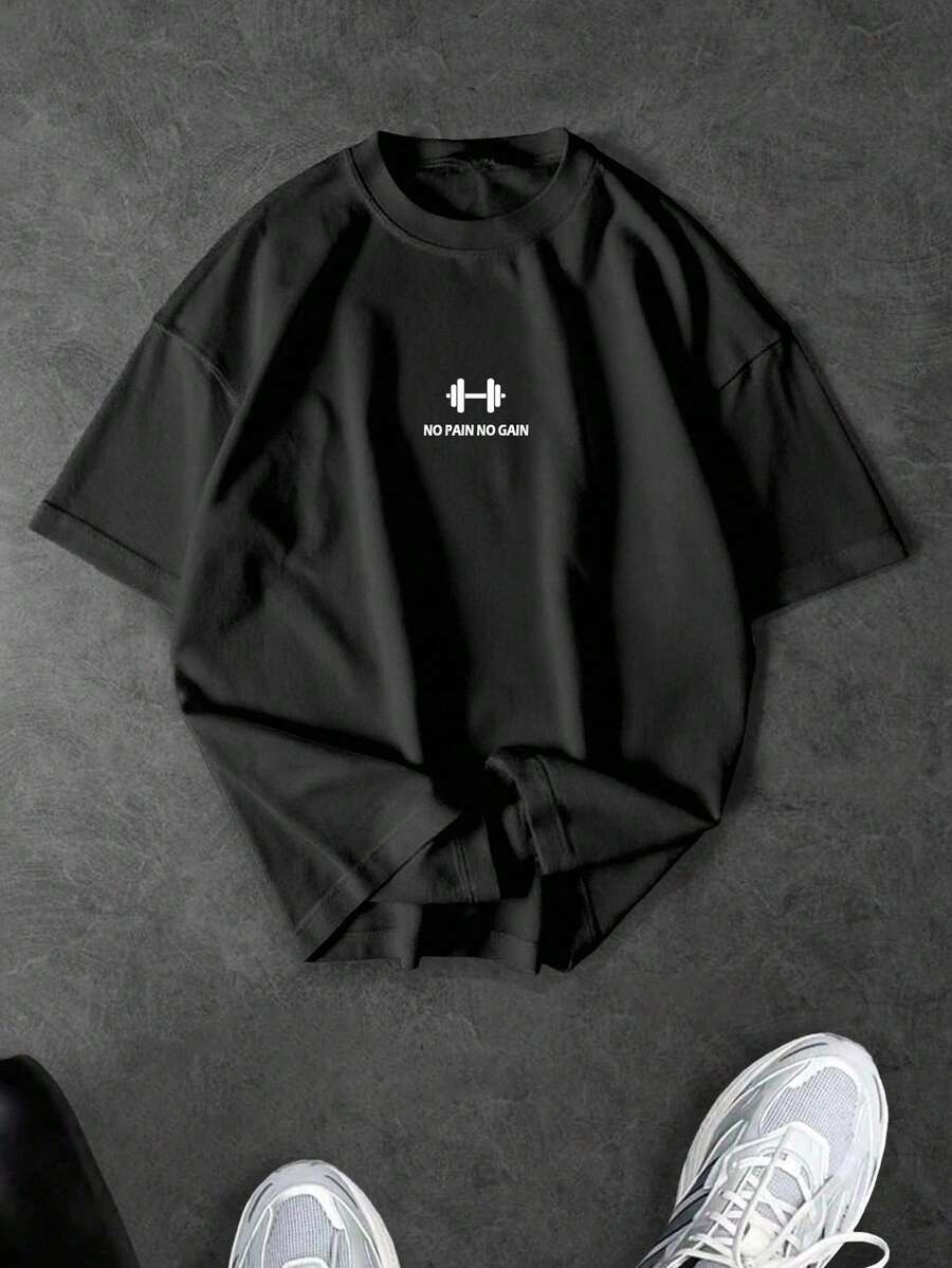 Sport MetroGents 男士极简印花圆领短袖运动T恤 男士健身T恤 男士健身上衣 男士健身短袖T恤 宽松健身T恤 - 黑色 - 查看 1