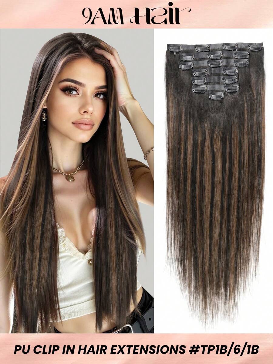 Seamless Clip Ins Seamless Clip In Hair Extensions, 7pcs 1B/6/1B Natural Black To Chestnut Brown Hair Extensions Clip In Human Hair Invisible PU Skin Weft Natural Remy Human Hair Extensions - S1B/6/1B - View 1