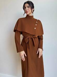 Firerie Women's Elegant, Refined, Dignified Daily, Street Fashion, Commute, Teacher Cape-Style With Belt, Metal Button Decor A-Line Mid-Length Camel Regular Coat, Autumn Winter For Women Coffee Brown French Style - Camel - View 7