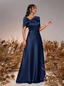 SHEIN Belle 女士优雅浪漫鼠尾草绿色缎面露肩扭结不对称蝴蝶结 A 字正式伴娘礼服，适合婚礼