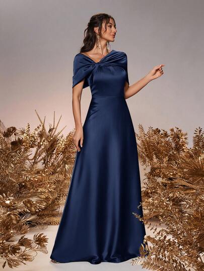SHEIN Belle Váy phù dâu trang trọng dáng chữ A bằng vải satin trễ vai màu xanh lá cây xô thơm lãng mạn dành cho nữ, phù hợp cho đám cưới