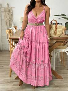 Vionelle 大码女式太阳裙，蓝色底色花卉印花 V 领无袖长款休闲度假连衣裙 - 彩色 - 查看 1