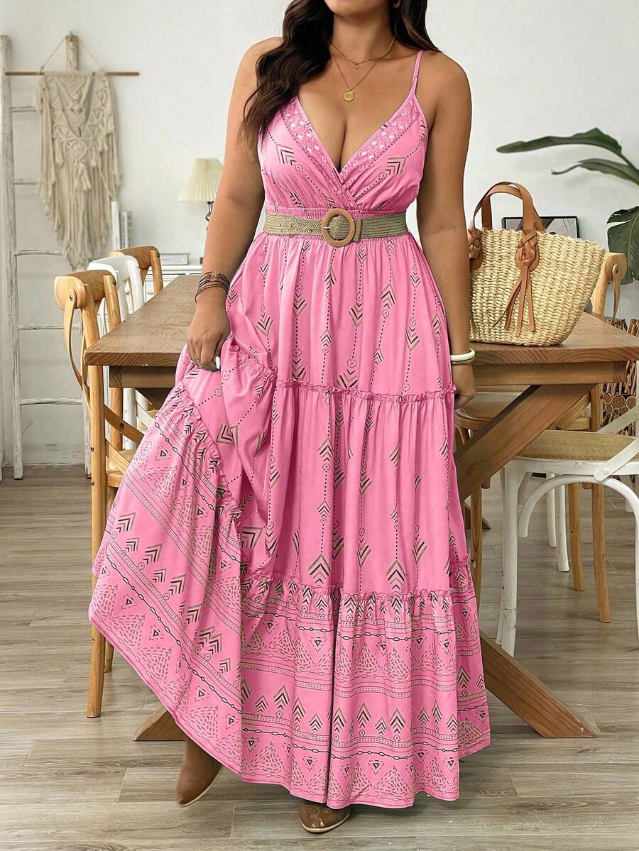 Vionelle 大码女式太阳裙，蓝色底色花卉印花 V 领无袖长款休闲度假连衣裙 - 彩色 - 查看 1