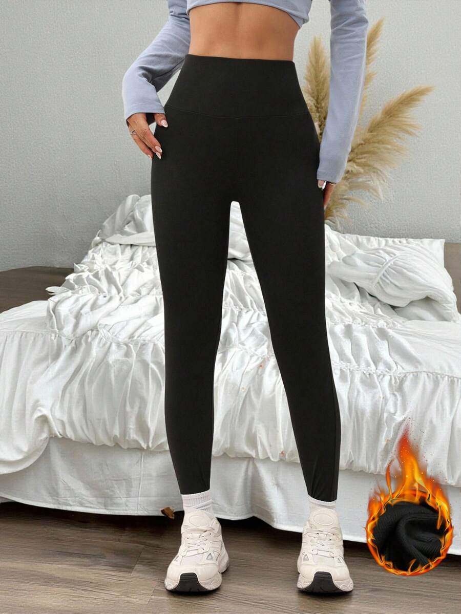 SHEIN PETITE 女士纯色弹性腰部罗纹紧身裤