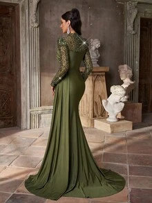 Aureia 优雅奢华灰绿色亮片刺绣拼布弹力针织立领长袖透明褶饰鱼尾裙荷叶边女式正式晚礼服 - 草綠色 - 查看 3