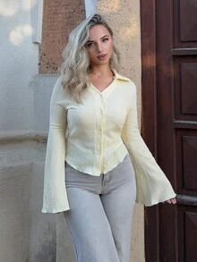 Jeta Ari 女士纯色单排扣休闲喇叭袖衬衫，春夏秋季衣服女士衬衫 - 黃色 - 查看 6