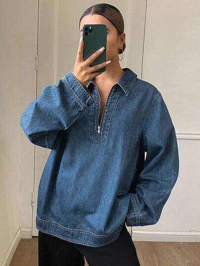 DAZY 女士宽松翻领休闲牛仔衬衫长袖