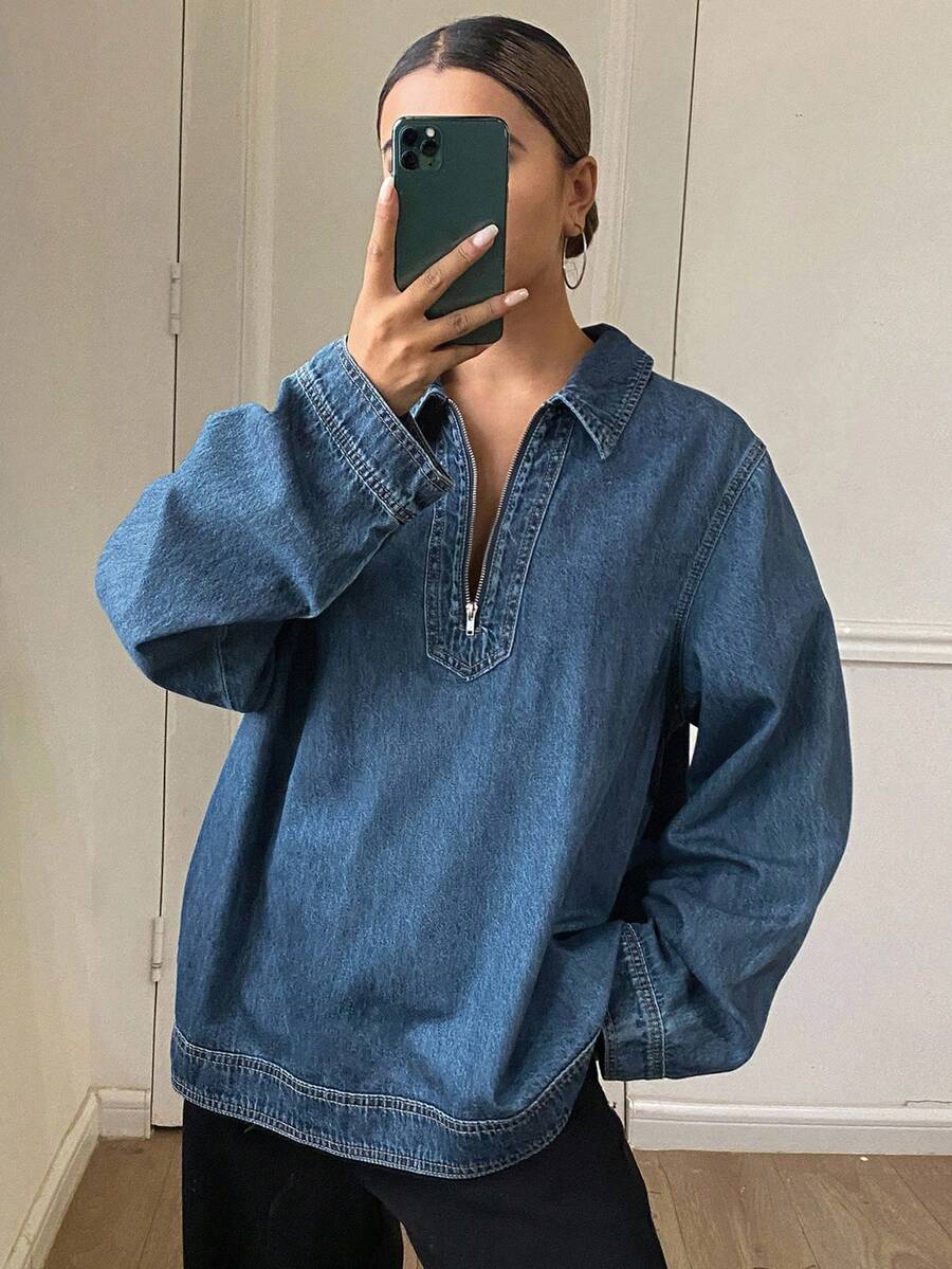 DAZY 女士宽松翻领休闲牛仔衬衫长袖 - 中等水洗藍 - 查看 1