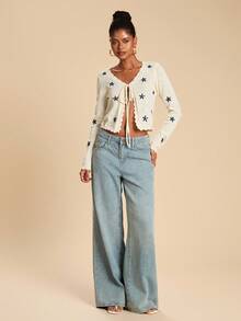 Travachic 女式花卉印花长袖系带休闲针织开衫，秋季