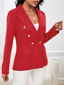 SHEIN Unity Chaqueta de cárdigan de doble botonadura con cuello pico de unicolor simple para mujer, adecuada para el trabajo y el transporte - Rojo - View 3