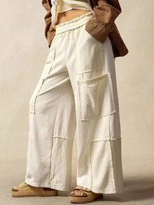 Bohemela 女士休闲纯色针织宽松阔腿运动裤 - 米色 - 查看 1