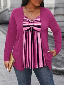 EMERY ROSE 女式加大码条纹拼接不对称下摆二合一T恤图案T恤女式上衣 - 玫紅色 - 查看 5