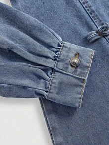 SHEIN Tween Girls Elegant Vinatge Square Neck Blue Denim Dress Fall Winter,Casual And Versatile For Girls Fall/Winter Dailywear And Streetwear Outfits,For Girls Halloween And Christmas Outfits,Girls New Year Clothes,Thanksgiving Outfit For Girls,Elegant Party Dresses For Girls,Girls Winter Dress,Tween Denim Clothes,Winter Clothes, Elegant Dress - Medium Wash - View 5