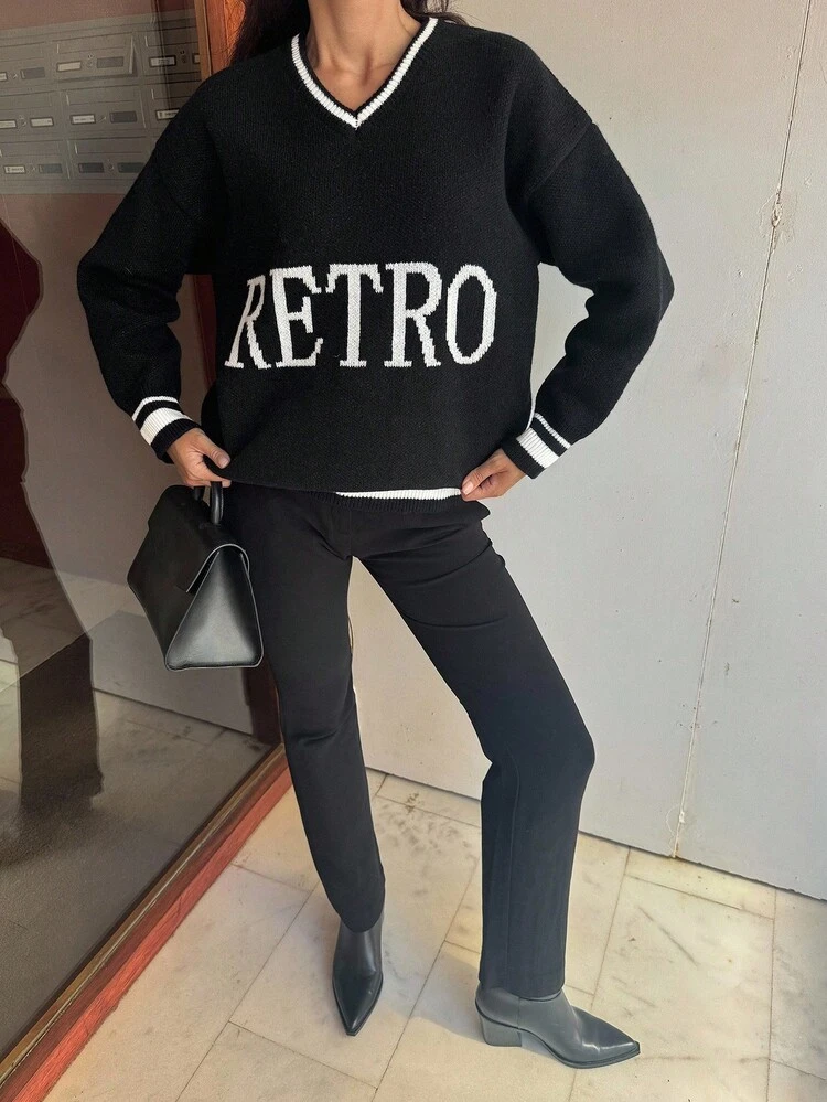 Women's V-Neck Letter Print Loose Streetwear Sweater