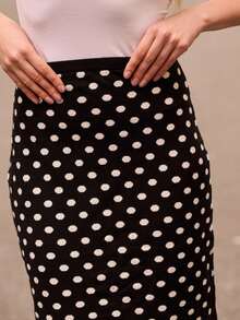 lacRébo 波点印花针织高腰修身中长裙秋冬舒适 - 黑與白 - 查看 5