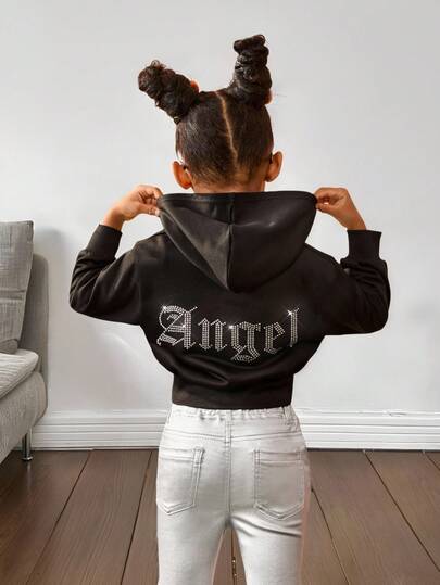 SHEIN 年轻女孩纯色水钻装饰连帽短款休闲运动衫