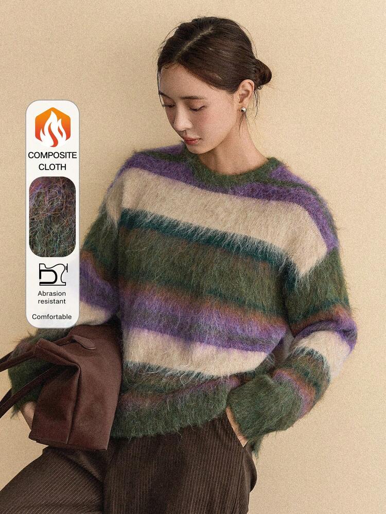 Women's Casual Loose Striped Drop Shoulder Knit Sweater